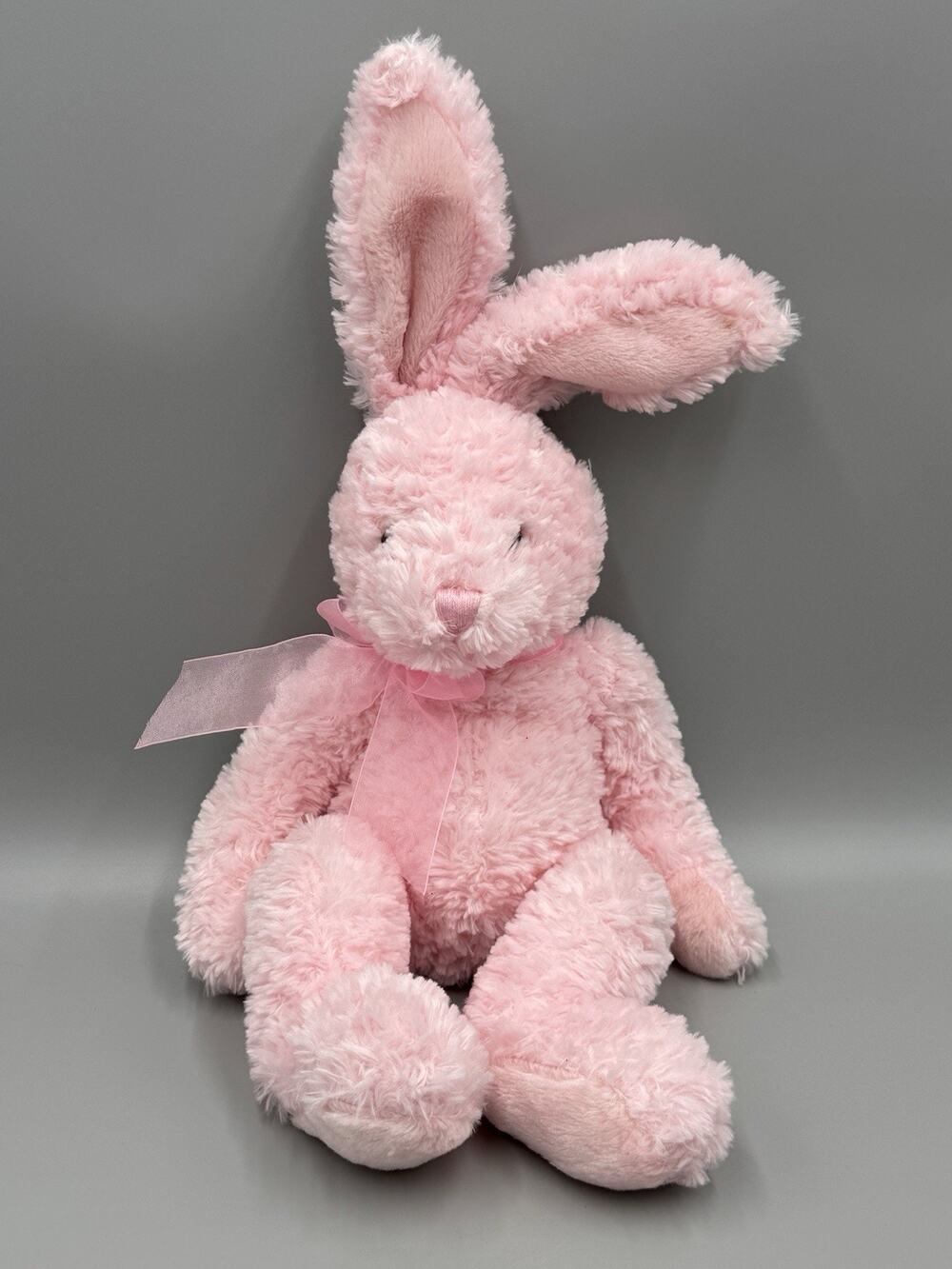 Jerry Elsner Pink Rabbit Bunny Plush 15” Stuffed Animal Curly Fur Ribbon Bow